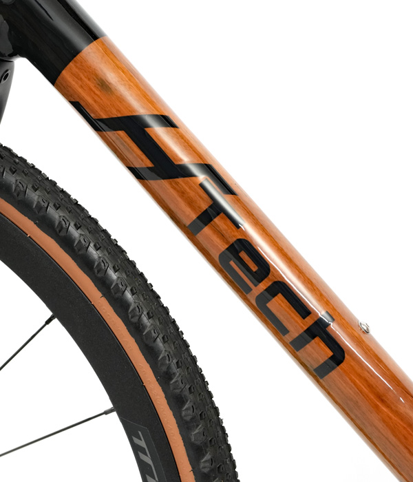 HTech logo on a HTech Variantia wooden gravel bike made from recycled Karri timber