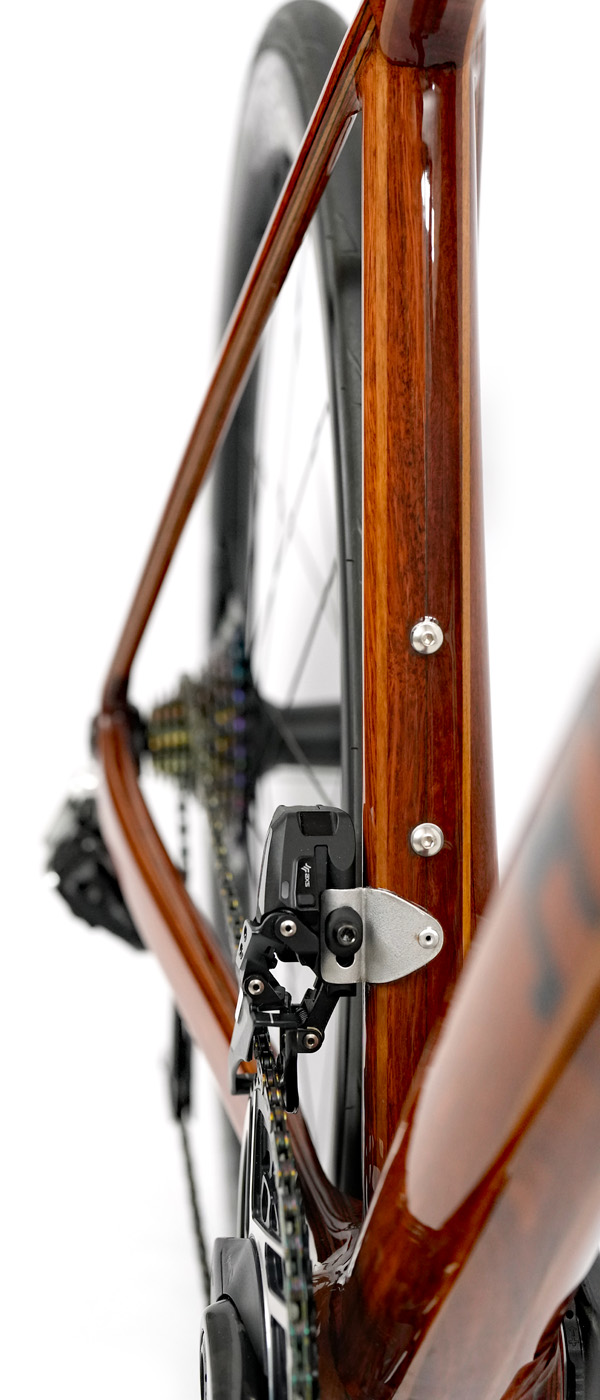 HTech Aeriform seat tube with Jarrah wood grain and SRAM Red E1 front derailleur