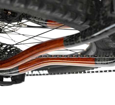 Gloss clear finish on HTech wooden mountain bike rear stays made of Jarrah