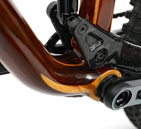 The large and strong bottom bracket junction of a HTech mountain bike, made of Jarrah and Blackbutt timber