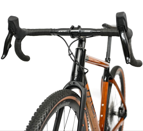Front on shot of a HTech Variantia wooden gravel bike fitted with SRAM Rival XPLR