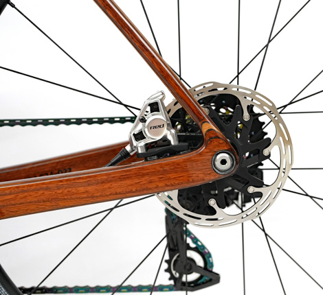 SRAM Red E1 brake calliper mounted to HTech Aeriform RHD wooden dropouts.
