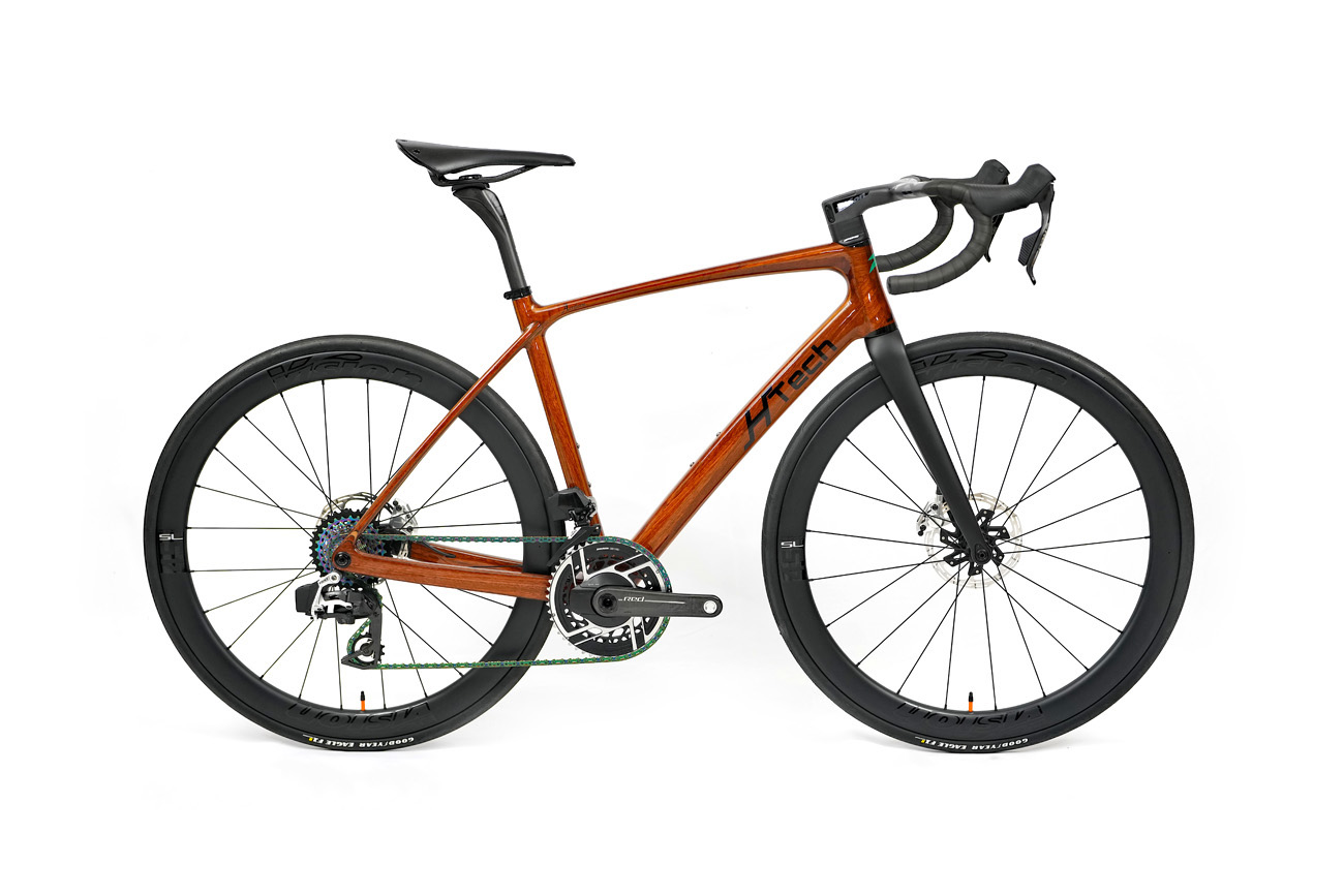 HTech Aeriform drive side profile, Jarrah wood frame with SRAM Red E1 groupset, Vision wheels and cockpit, and Brooks C13 saddle