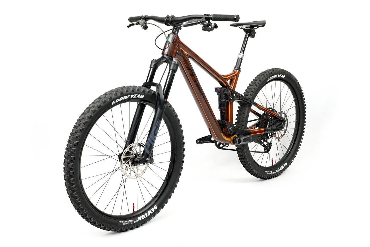Custom HTech enduro mountain bikes non drive side, a Jarrah frame with Blackbutt stripes